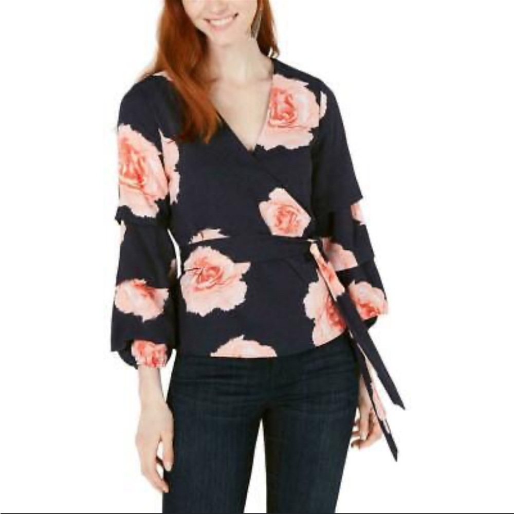 Bar III Women's Top Floral-Print Surplice Blouson Puff Sleeve Artistic Roses